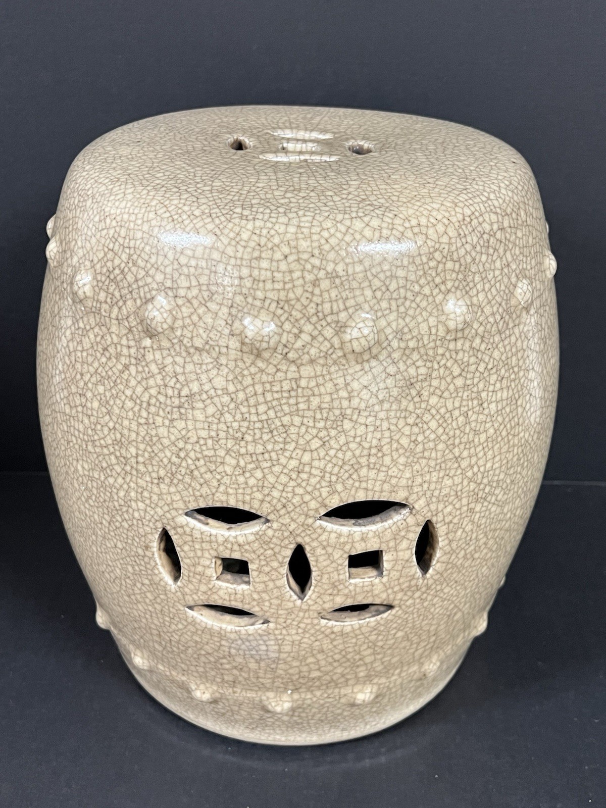 Vintage Chinese Porcelain Round Garden Stool Darker Beige Crackled Double Coin