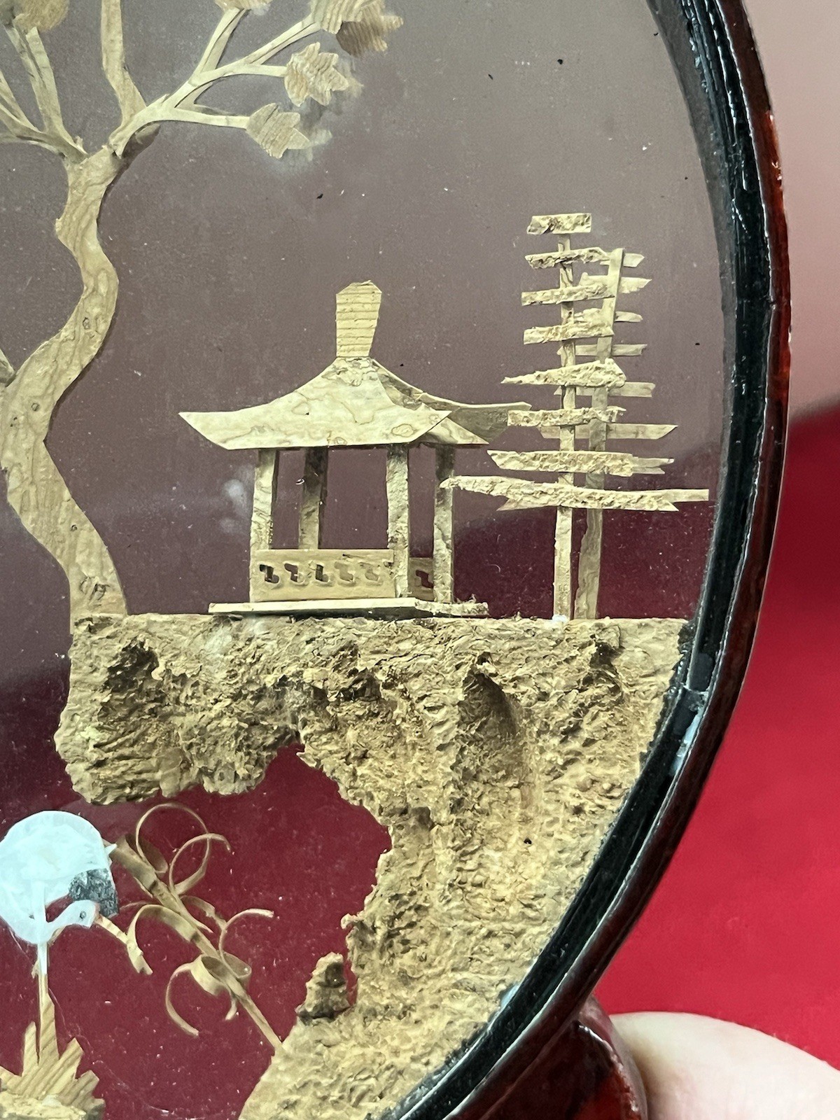 8” CHINESE 3D CARVED CORK ART DIORAMA OVAL GLASS SHOWCASE CRANES PAGODA TREES