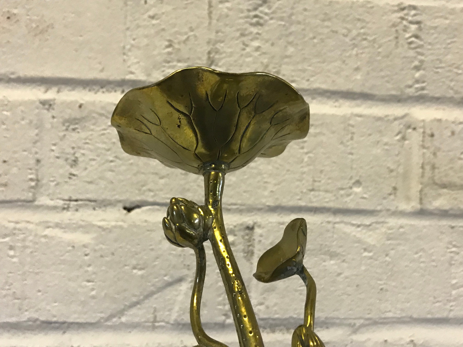 Vintage Possibly Antique Chinese Brass Candle Holder w/ Crane Flower & Turtle