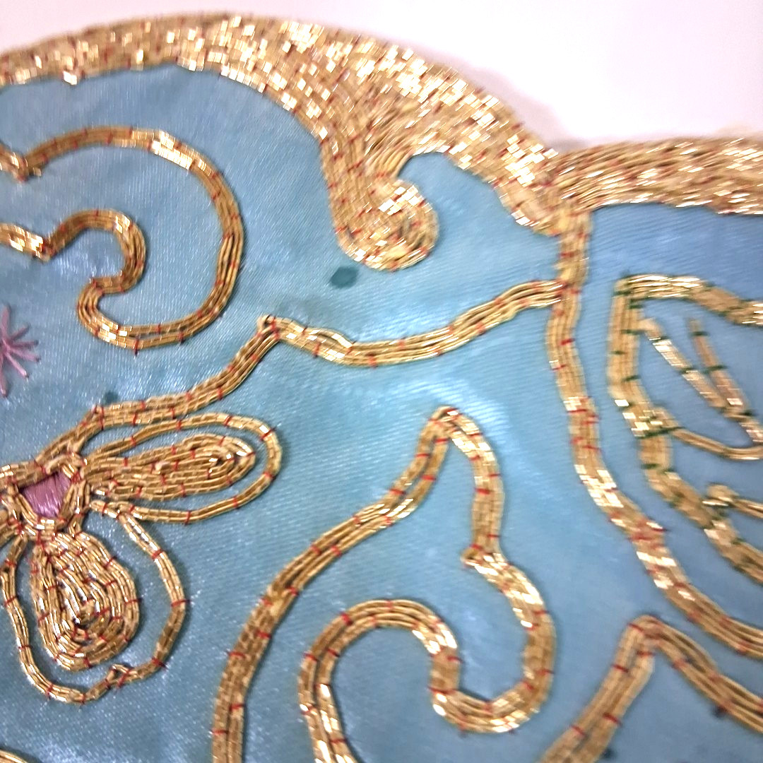 Vintage Silk Embroidered Asian Dragon Blue and Gold Metallic Fabric Table Mat