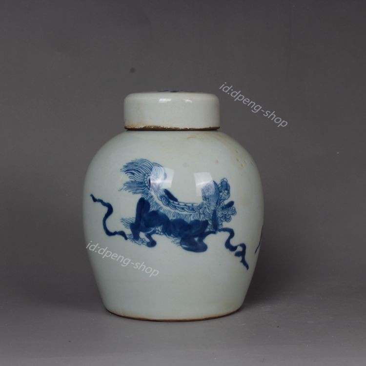 4.7″ Chinese Folk Kiln Blue and White Porcelain Foo Fu Dog Lion Tea-leaves Jar