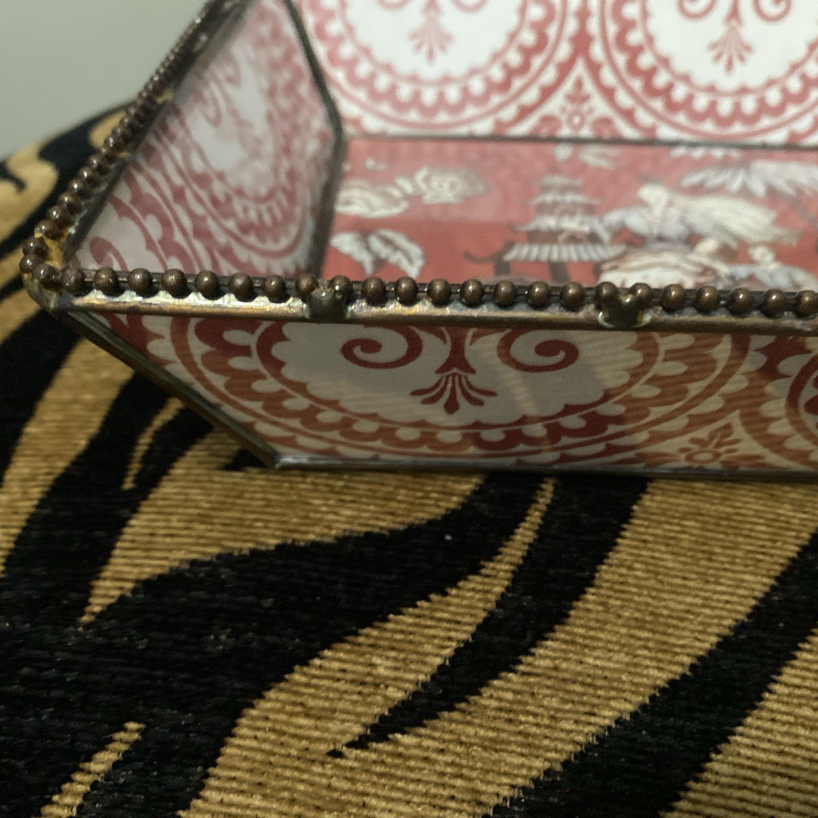 Vintage Chinoiserie Leaded glass Tray Chinese Culture Designs Reddish Pink