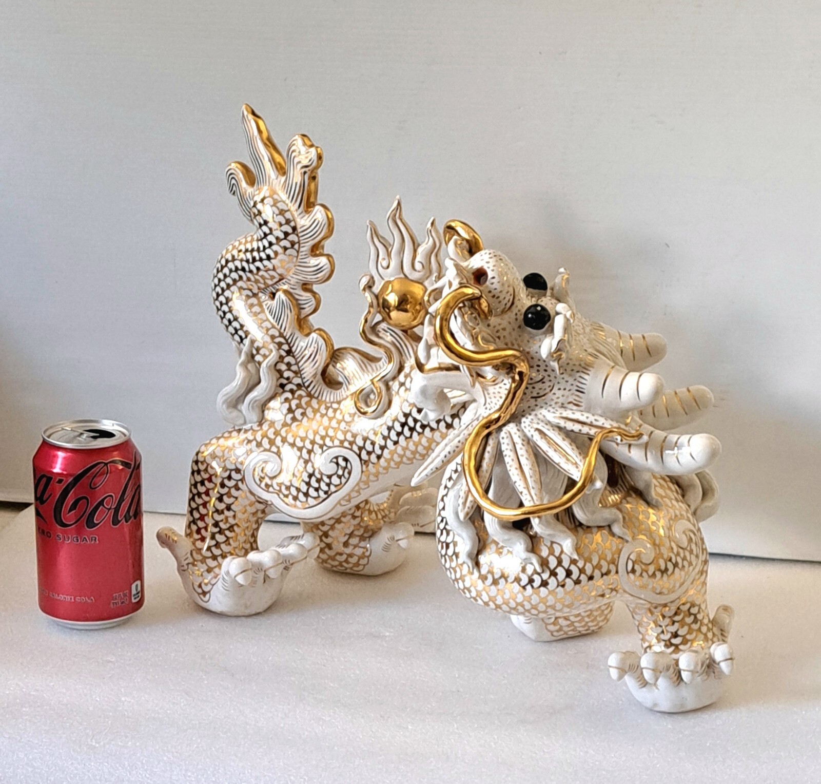 Vintage White/Gold Ceramic Dragon Feng Shui Sculpture 1950s Chinese Zodiac Décor