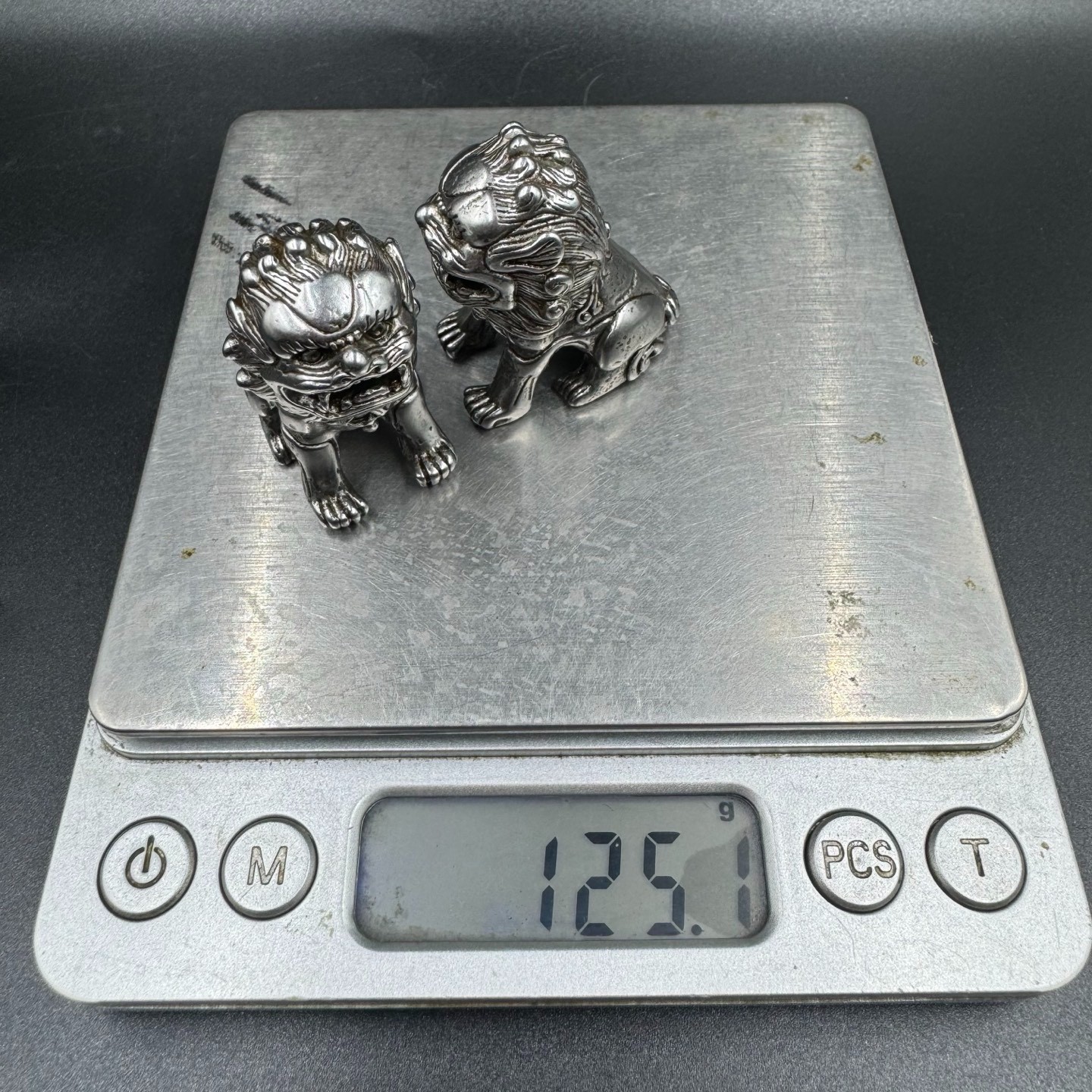 Pair Silver Tone Metal Chinese Foo Dog Lion Mini Statues Feng Shui Protection