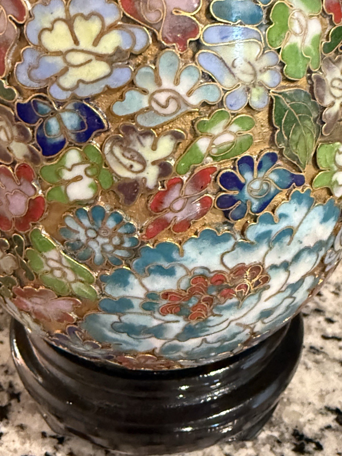 Vintage Chinese Cloisonné Large Gilded Egg w/ Wood Stand Floral, Millefleurs