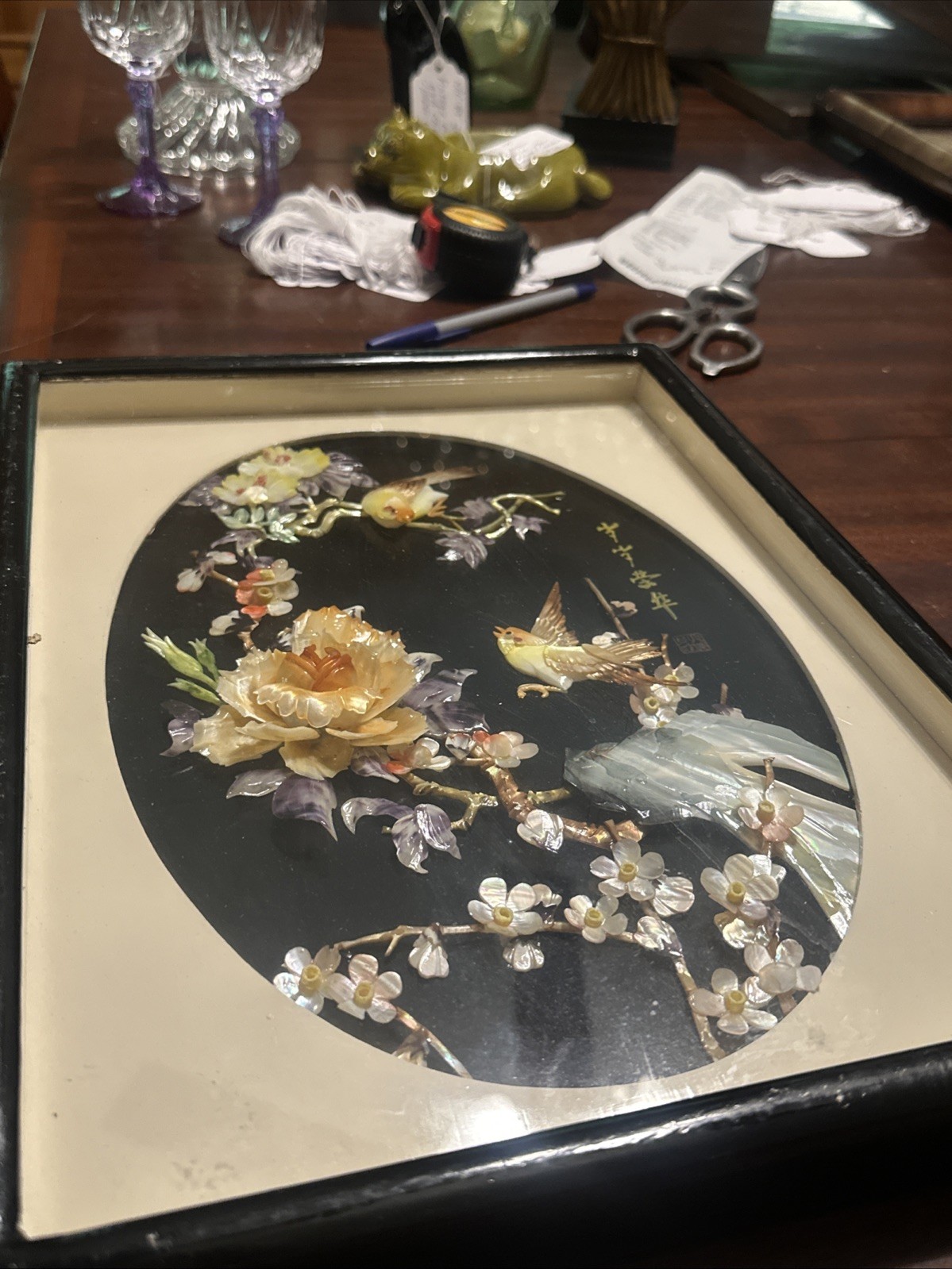 Mother of Pearl Shell Oriental Carved 3-D Wall Art with Flower/Bird Design