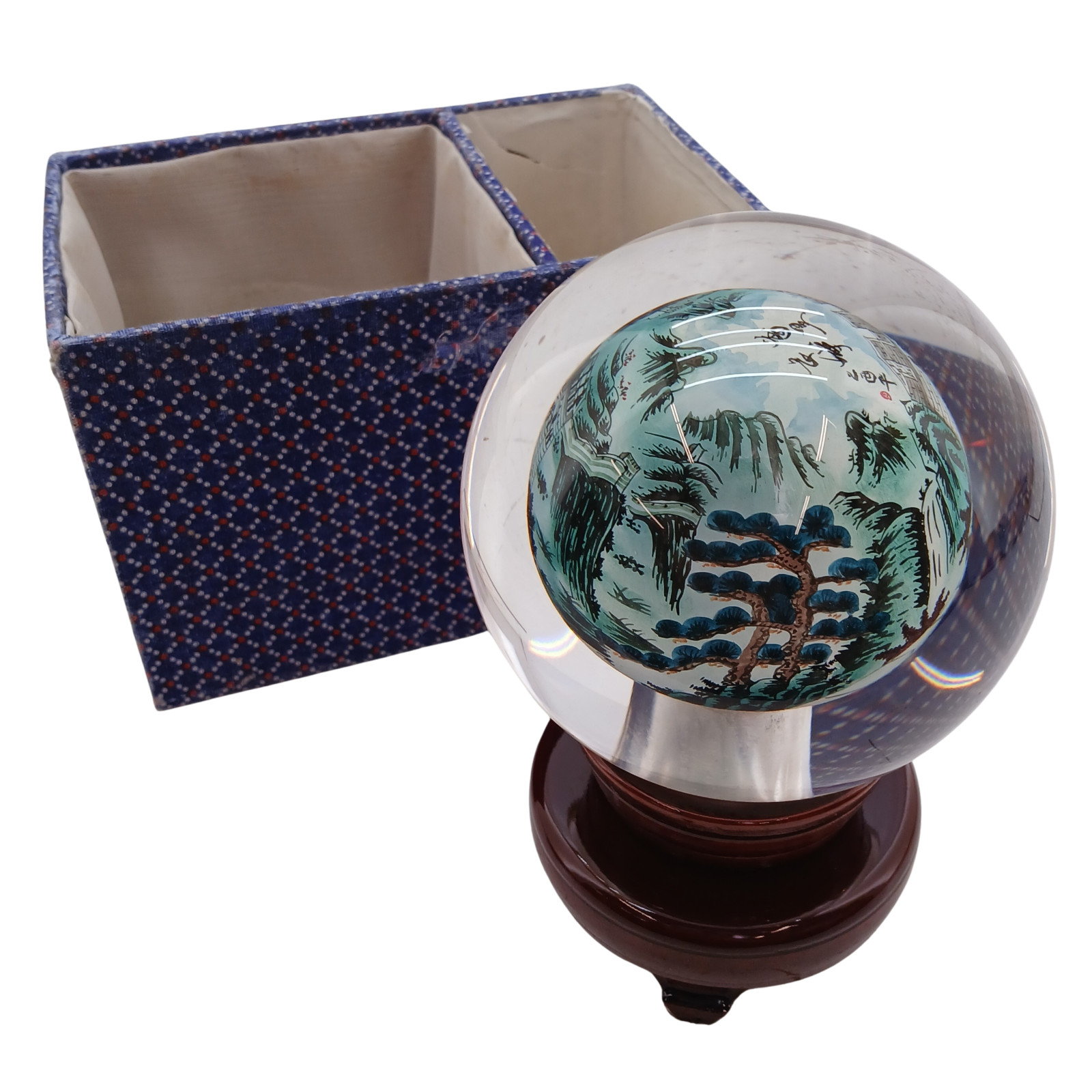 Chinese Handpainted Reverse Glass Art Ball Orb Landscape Scene 4″ Sphere W/ Box