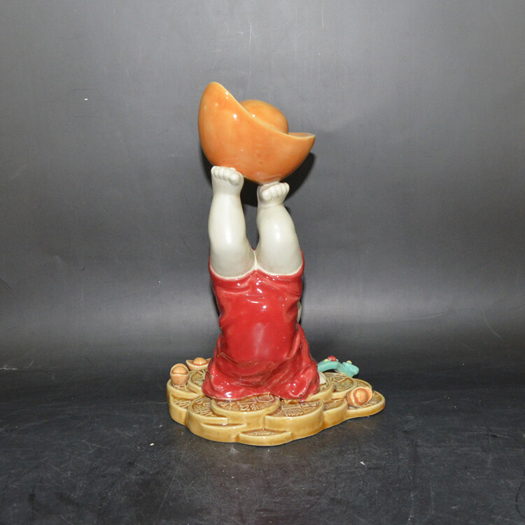 10.6″Collect China Jingdezhen Porcelain Yuen Bo Copper Cash Handstand Boy Statue