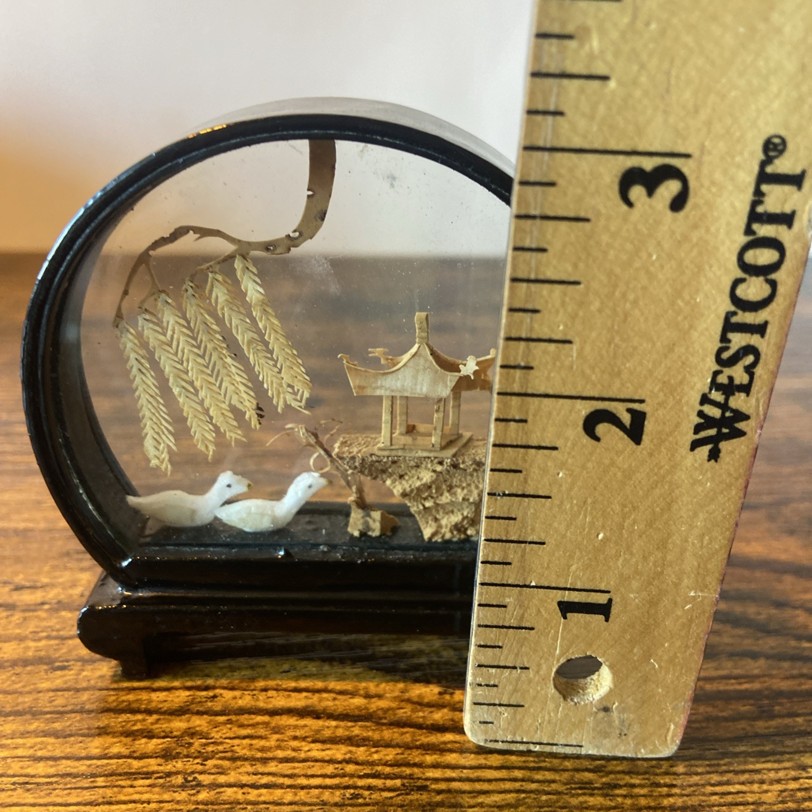 Carved Cork Chinese Art Diorama with Cranes Pagoda & Trees Black Lacquer Vintage