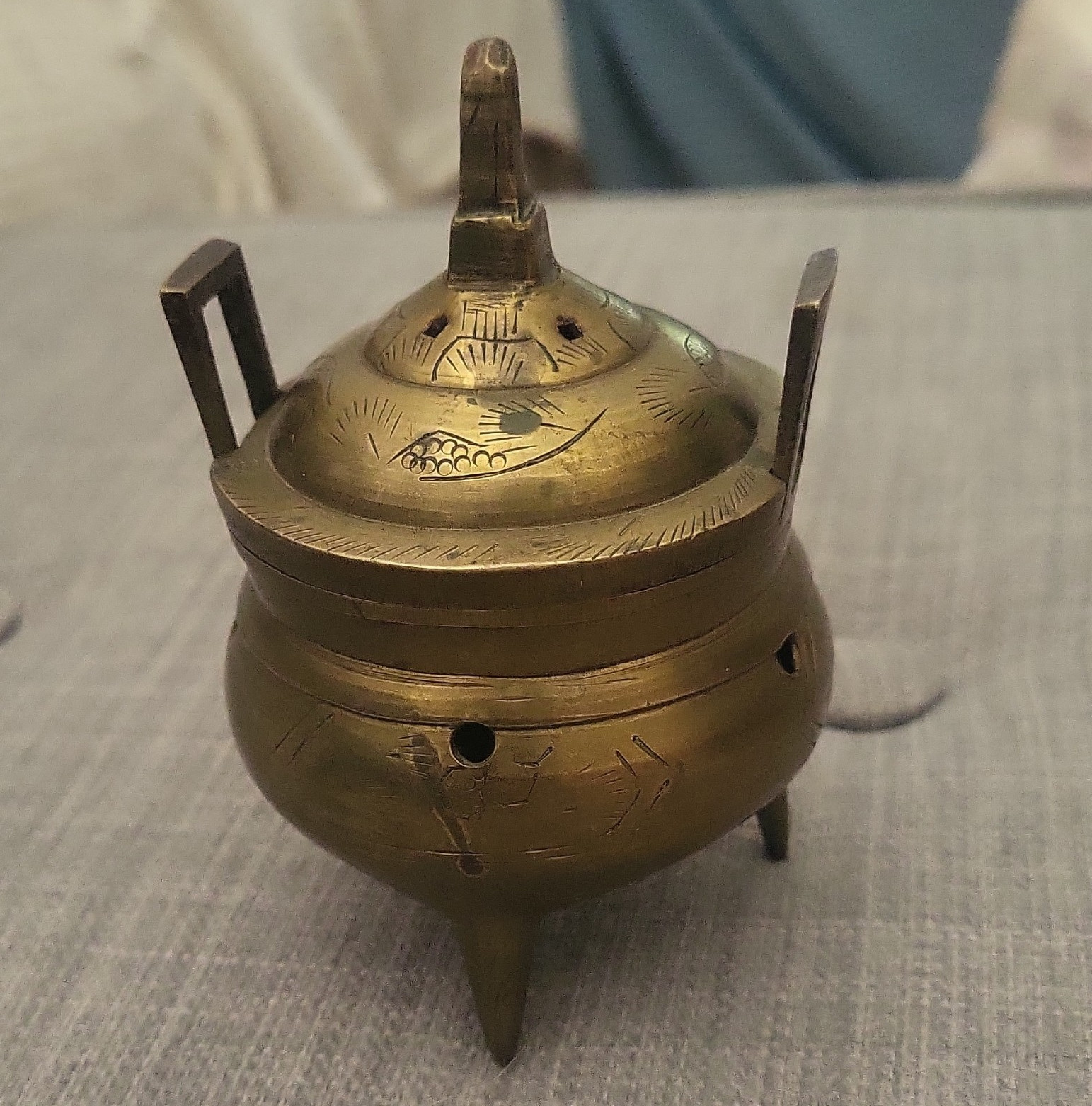 Chinese Brass Tripod Incense Burner Censer w/ Lid, Stamped “CHINA”