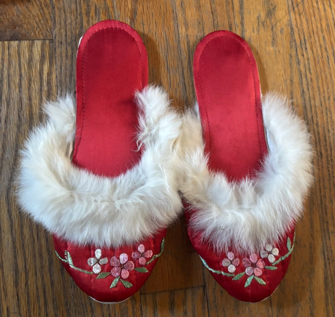Vintage Chinese Red Silk Pajama Robe Set w/ Slippers & Box 1950s