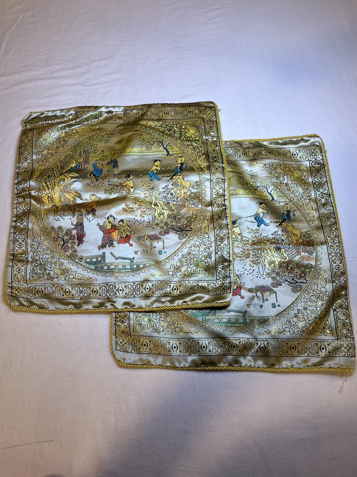 Vintage Chinese Silk Brocade Pillow Covers – Hand Embroidered – 17″ – Children