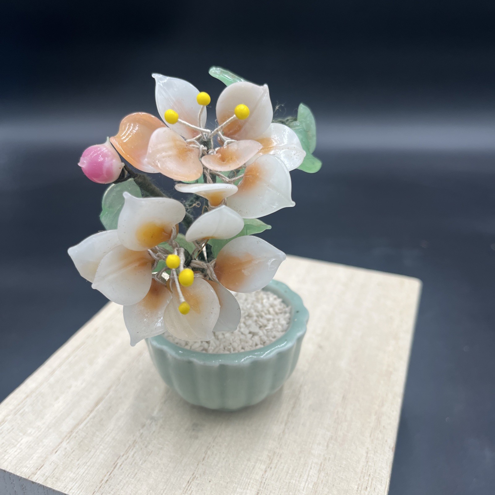 Vintage Small Jade & White Floral Bonsai Tree Green Celadon Pot 4.5”