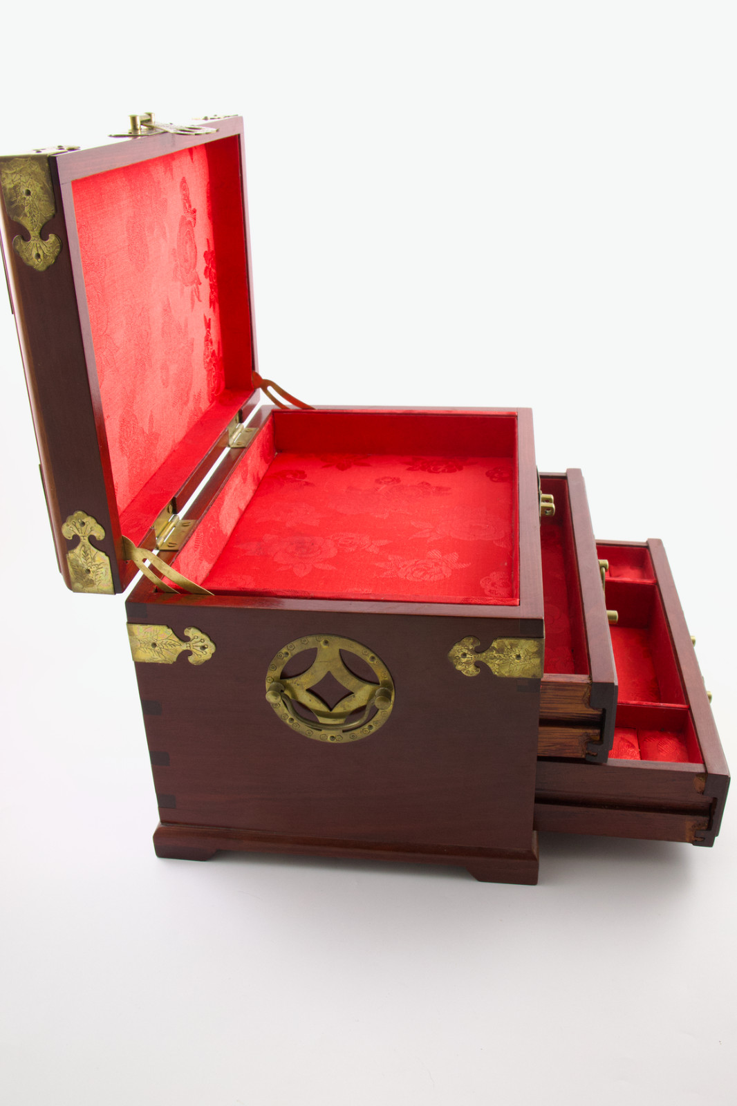 Large Chinese Rosewood & Brass 2 Drawer Flip Top Jewelry Box Longevity Symbol