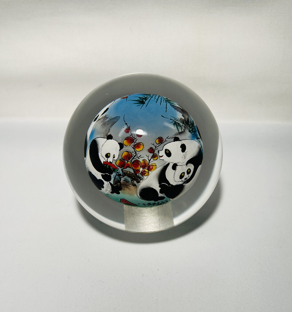 Chinese Glass Ball Sphere Paperweight Reverse Hand Painted Pandas Eat Watermelon