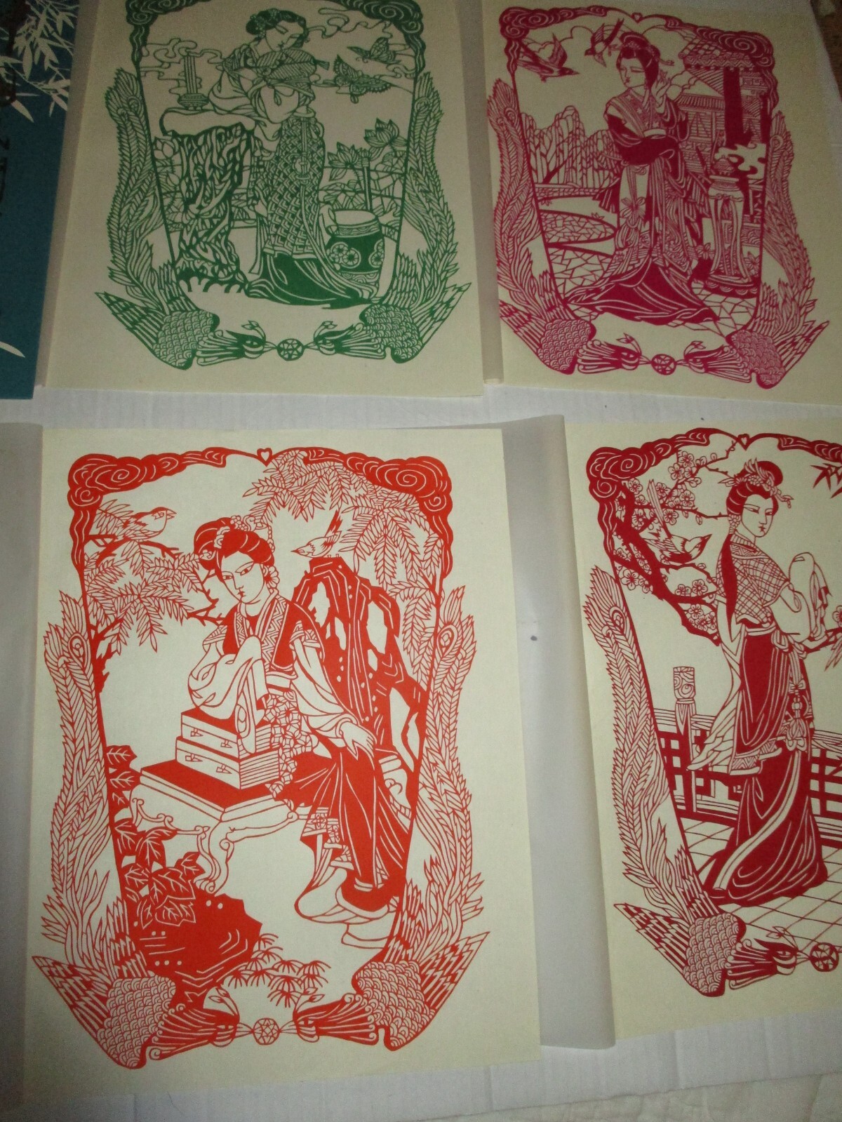 Lot of 4 Chinese Geisha Girls Paper Cuts Vintage 12×8 Unused 1950’s w/Envelope