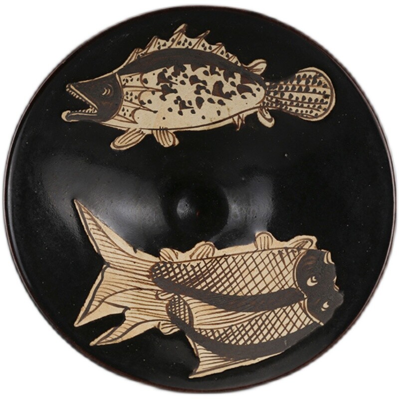 6.2″ China Jizhou Kiln Porcelain Black Glaze Brown Color Fish Grain Teacup