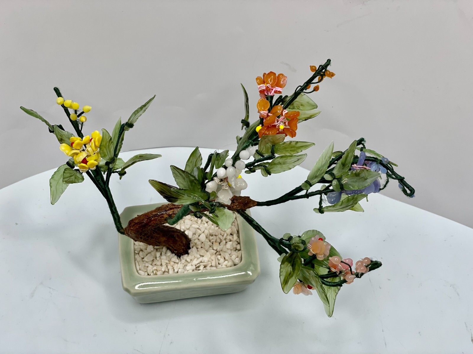 1960’s Hand Carved Chinese Jade Agate Stone Glass Bonsai Multicolor Mineral Tree