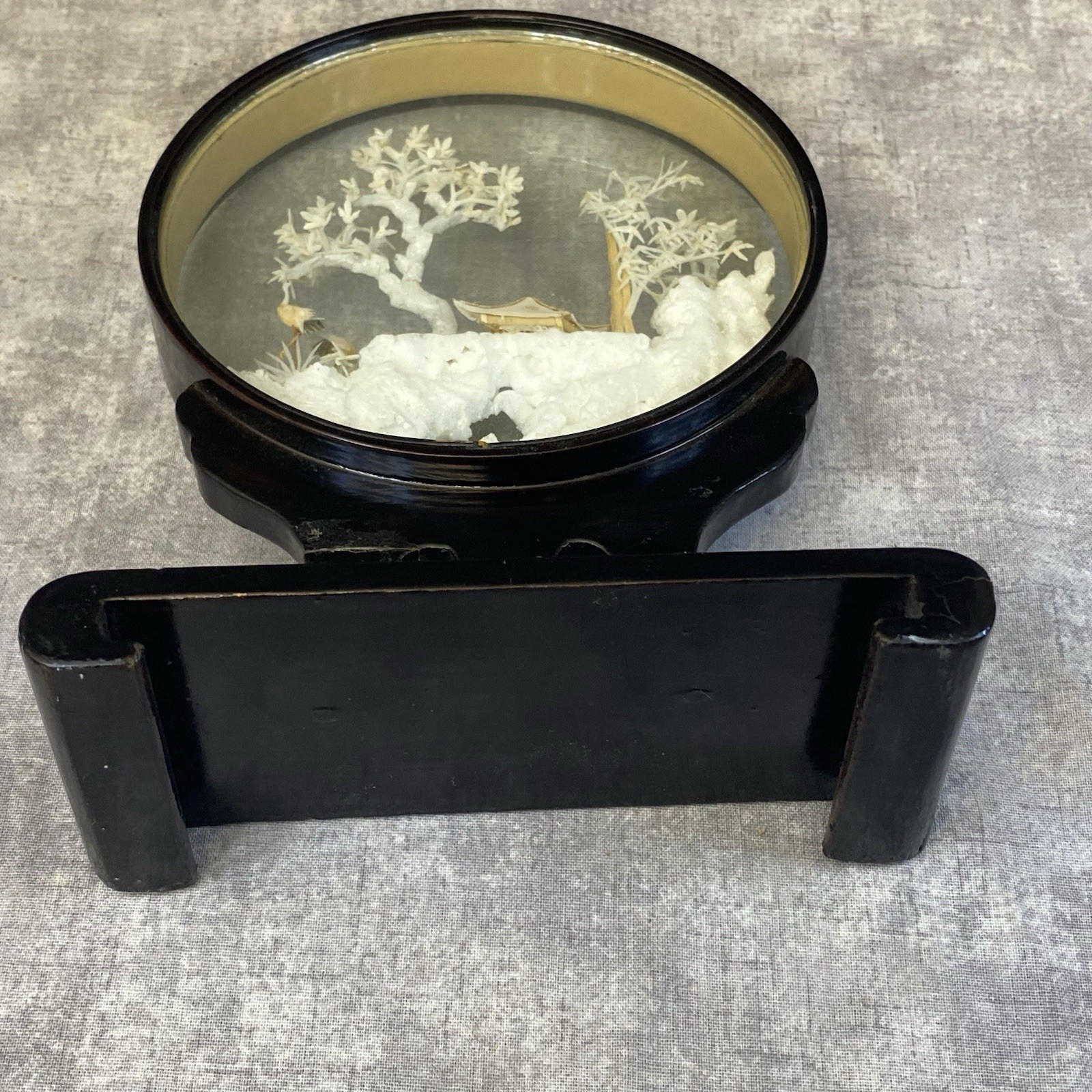 Chinese Cork Sculpture 4.5″ Round in Black Lacquered Frame Storks Pagoda decor