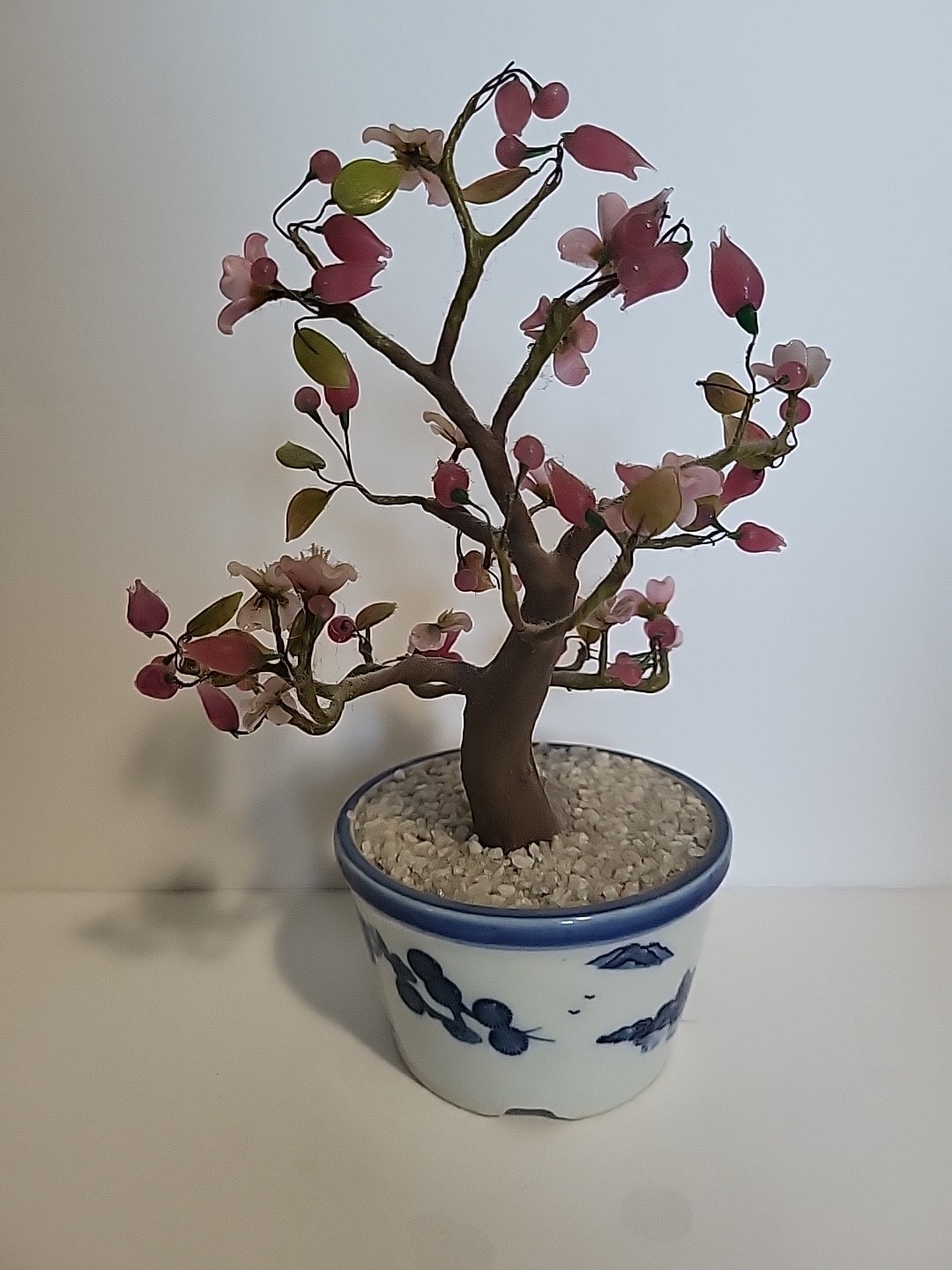 Jade & Agate Glass Cherry Blossom Bonsai Tree In Blue & White Ceramic Pot