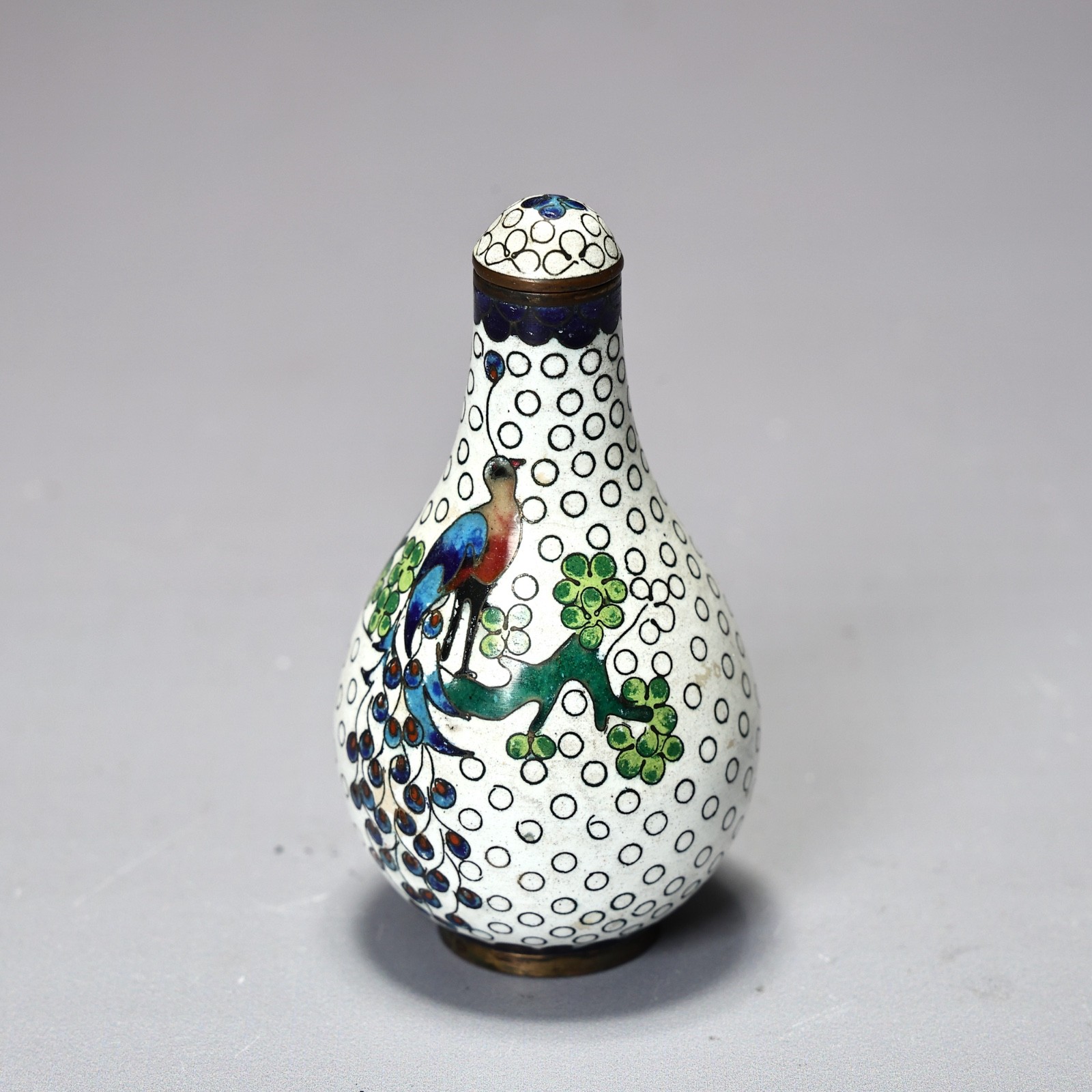 Chinese White Cloisonne Peacock Snuff Bottle