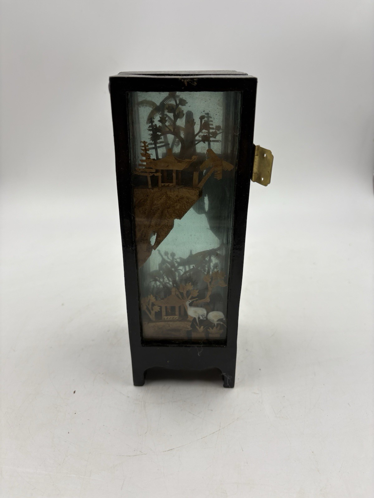 Vintage Carved Cork Art Diorama Tri Fold Table Decor Black Frame Asian