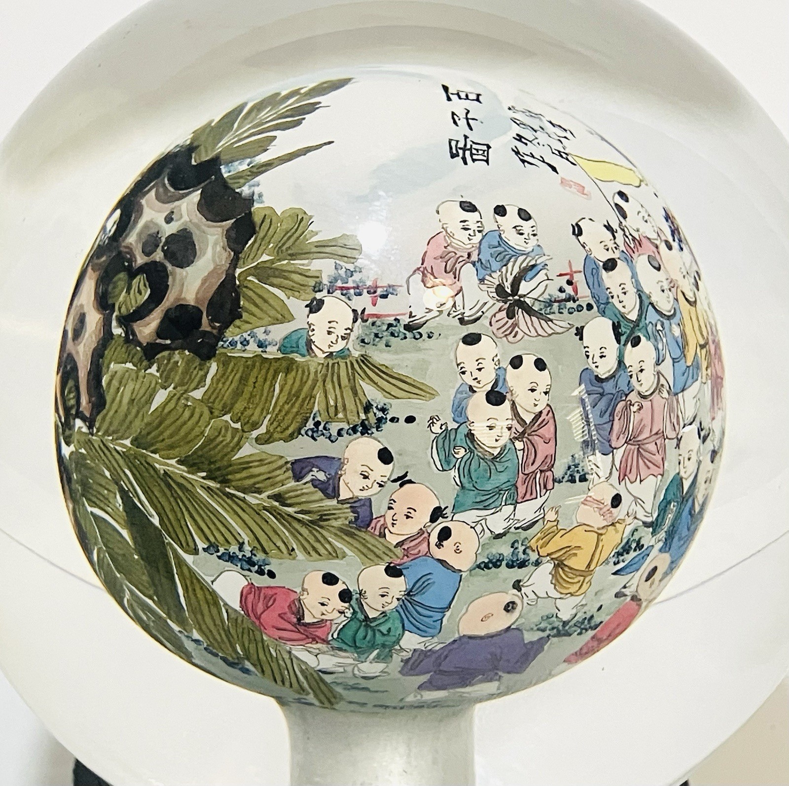 Chinese Reverse Hand Painted Glass Ball Wood Base Hundred Children Playing Motif