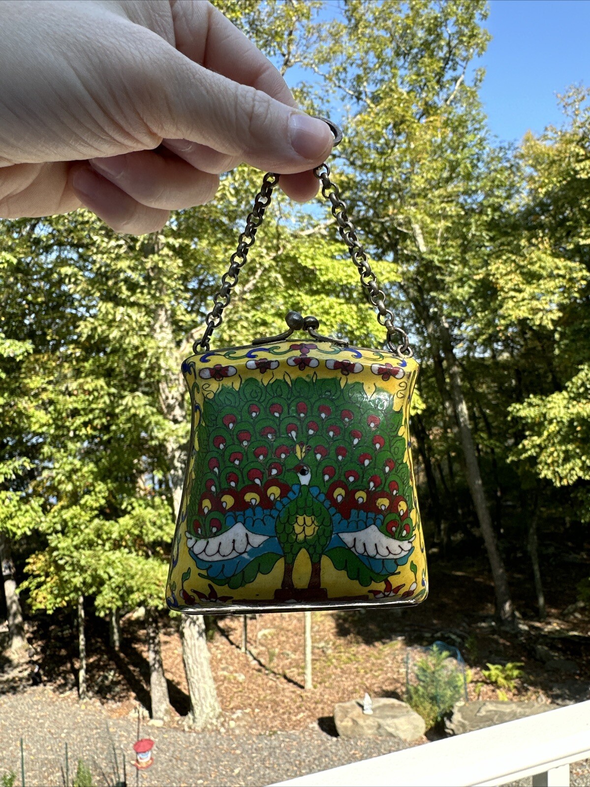 Vintage Chinese Enameled Peacock 3.5” Hinged Coin Purse w/ Chain Strap