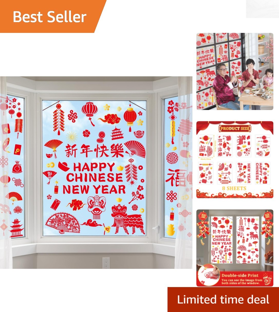 Chinese New Festive Window Clings – 8 Sheets of Dragon and Lantern Designs