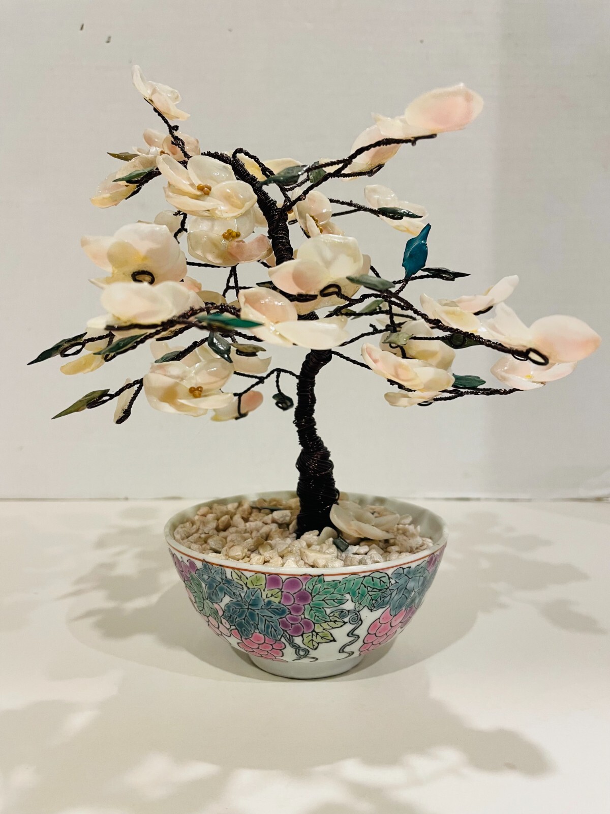 Chinese Pink Seashell & Green Glass 8″ Bonsai Tree in Cloisonné Pot