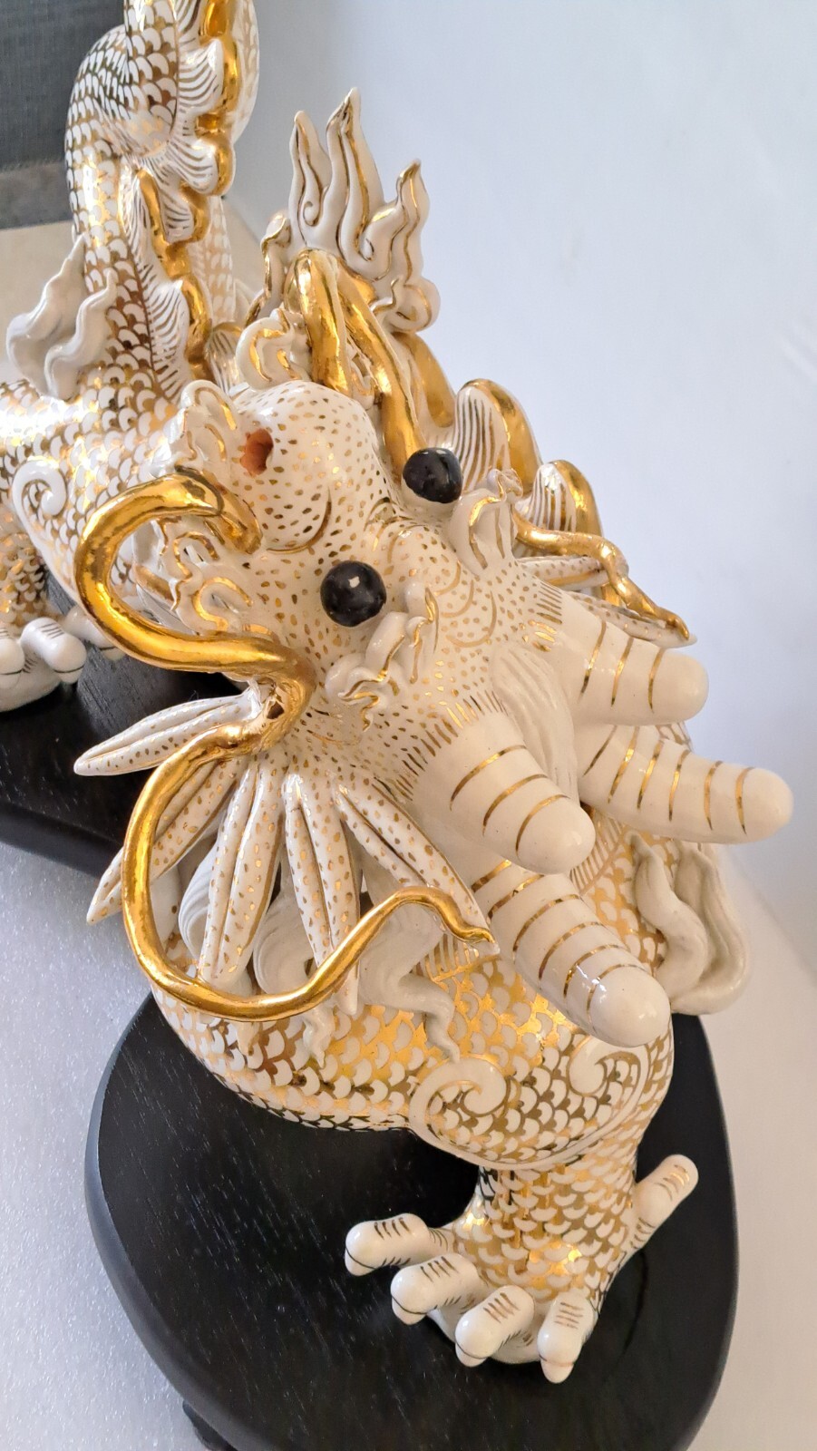 Vintage White/Gold Ceramic Dragon Feng Shui Sculpture 1950s Chinese Zodiac Décor