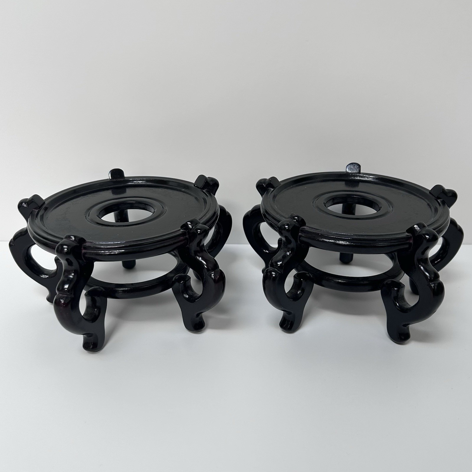 PAIR of 7″ Asian Wooden Plant Pedestal Vase Stands 5-Leg Holds 5″ Diameter