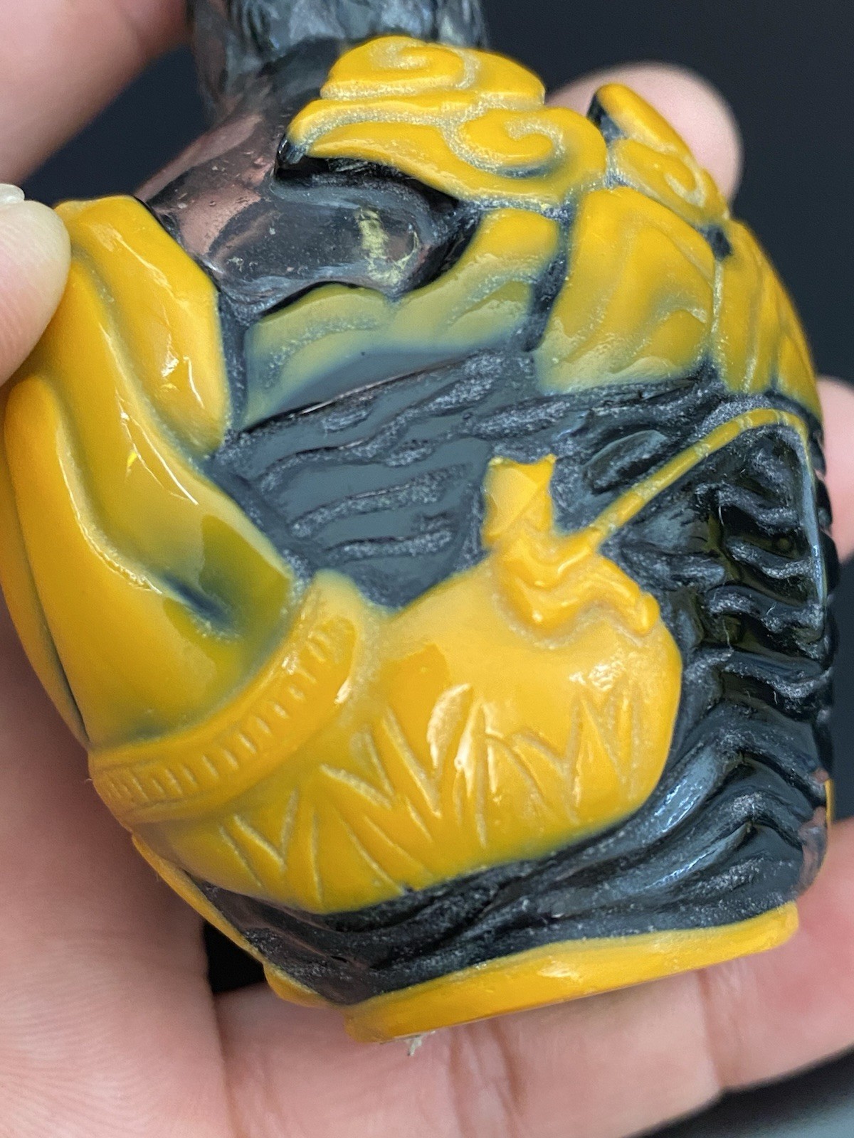 Antique Chinese Black Peking Glass Orange Overlay Snuff Bottle Jade Top