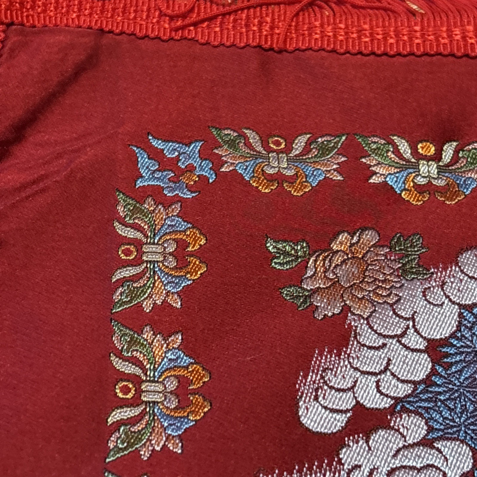 Vintage Chinese Silk Brocade Tablecloth fringe Tapestry Embroidery 38” x 37”