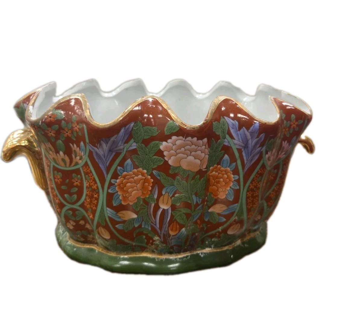 Chinese Foot Bath Satsuma Style Floral Red Vtg Porcelain Jardiniere Gold
