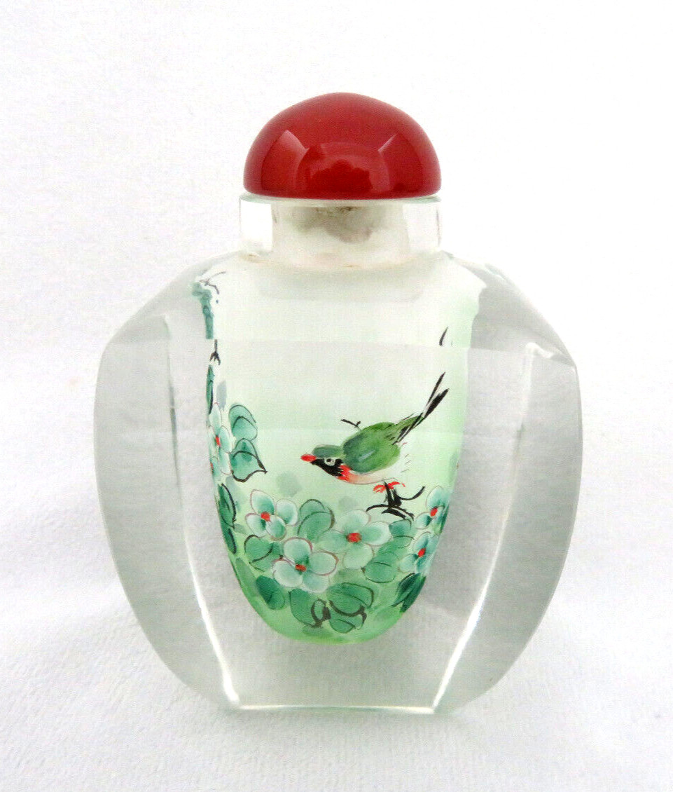 Signed Vintage Chinese Snuff Bottle Reverse Hand Painted Glass w Agate Top BIRDS