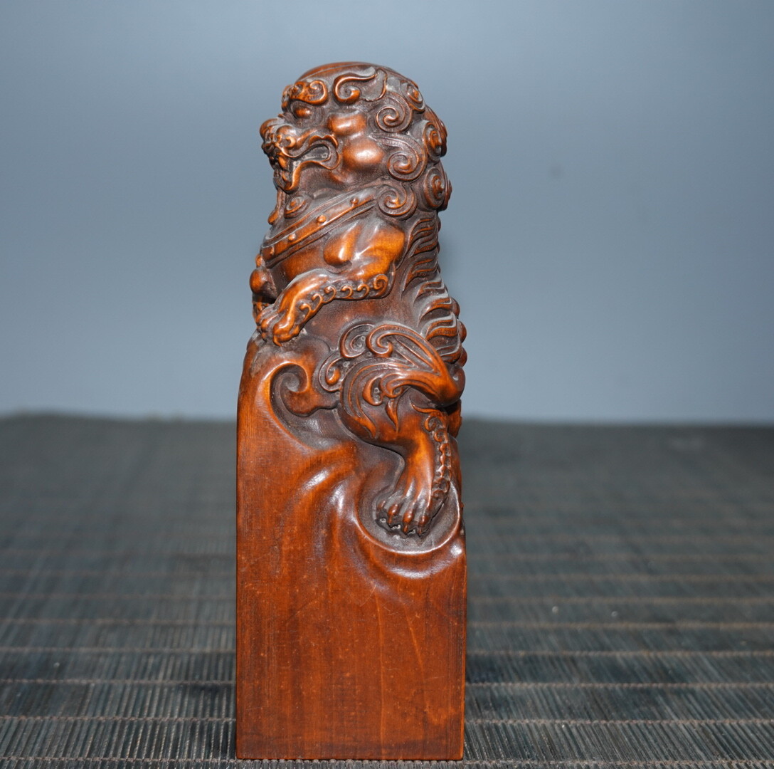 4.7″ Collect China Box-wood Carving Animal Foo Fu Dog Guardion Lion Seal Signet