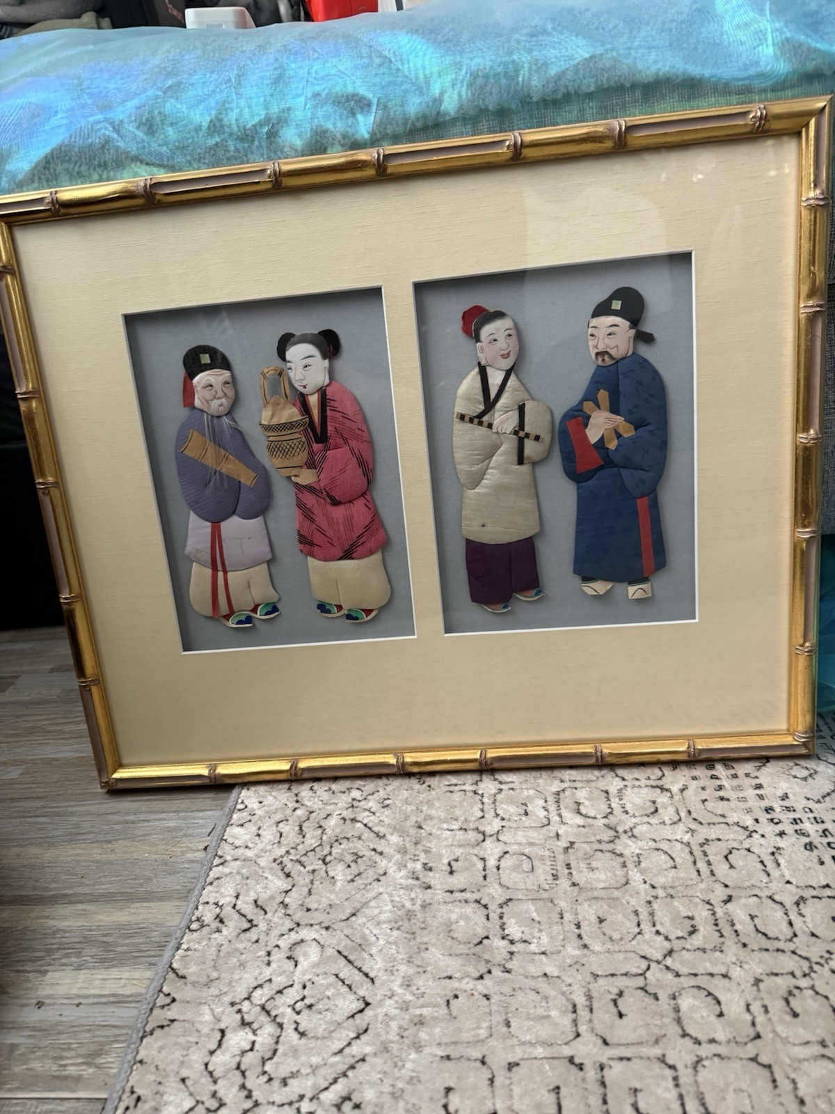 Vintage Chinese Silk Relief 3-D Figures – Framed 16”x 19” Hand-painted Immortals