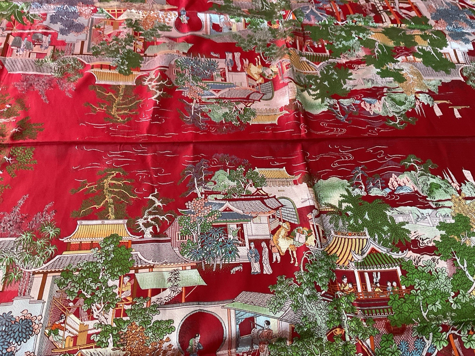 Vintage Brocaded Flowers brand Chinese Red Silk Tapestry Tablecloth 80″x54″