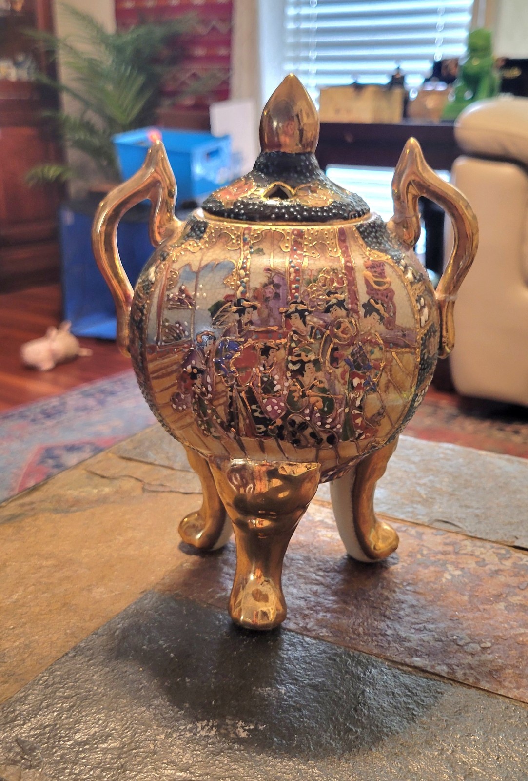 Vintage Satsuma China Incense Burner Porcelain Bowl 3 Footed W/Lid