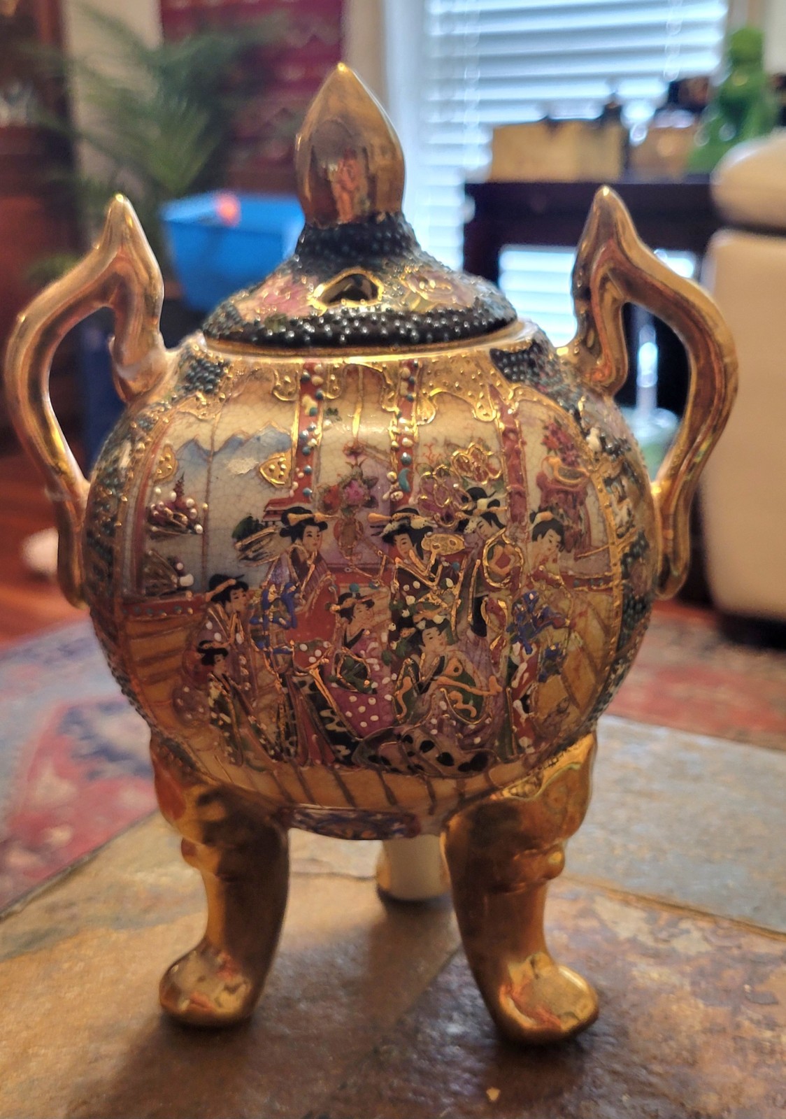 Vintage Satsuma China Incense Burner Porcelain Bowl 3 Footed W/Lid