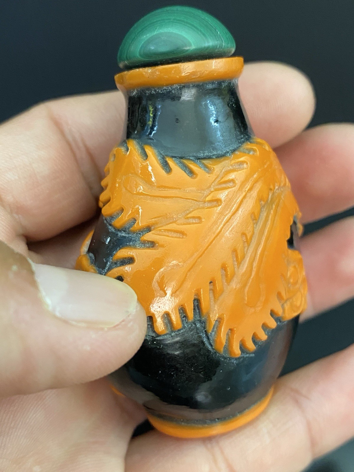 Antique Chinese Peking Glass Orange Phoenix Overlay Snuff Bottle Malachite Top