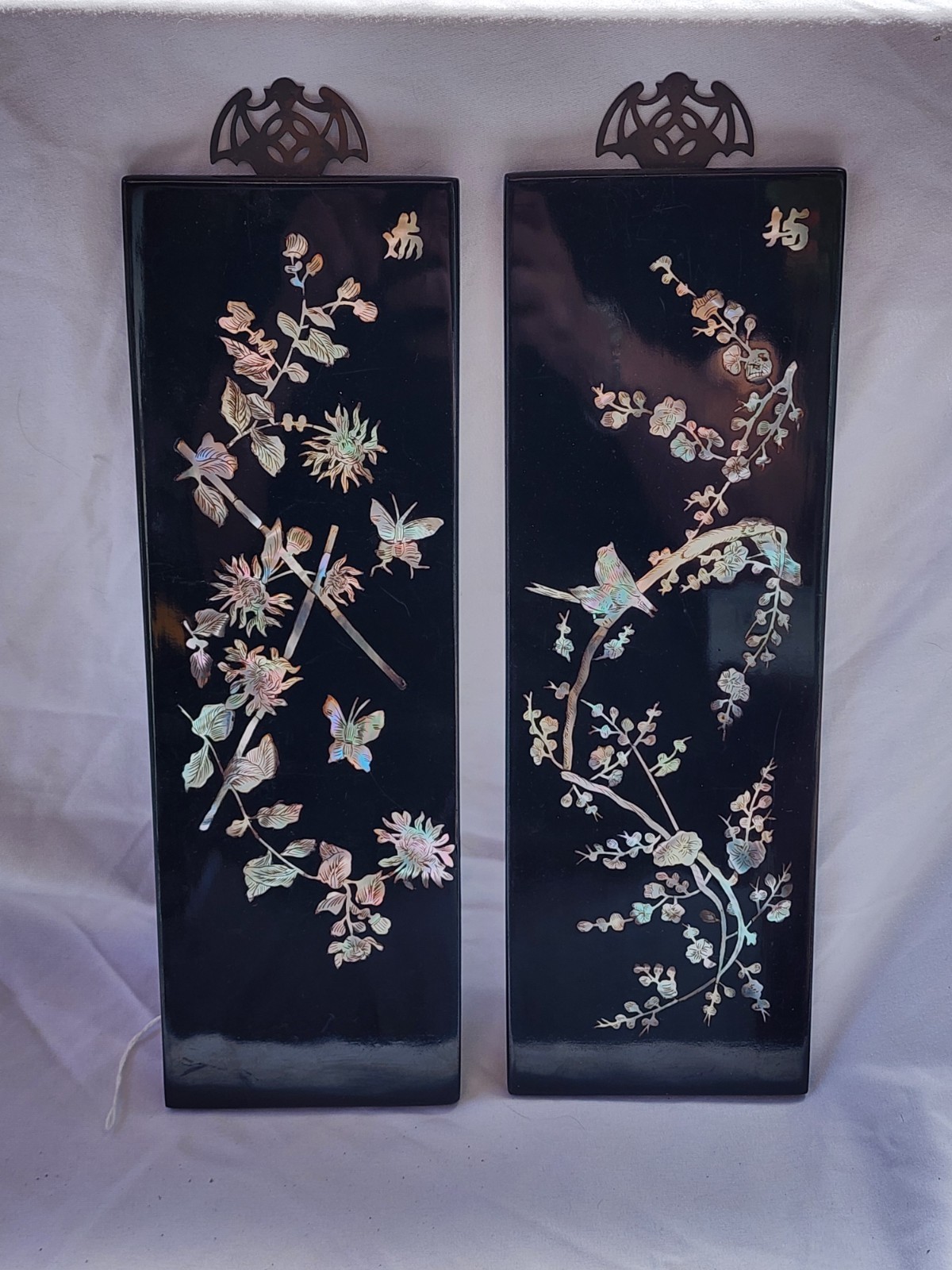 MCM Chinese Black Lacquer Mother of Pearl Inlaid Motif 4-Season Wall Art 12″x 4″