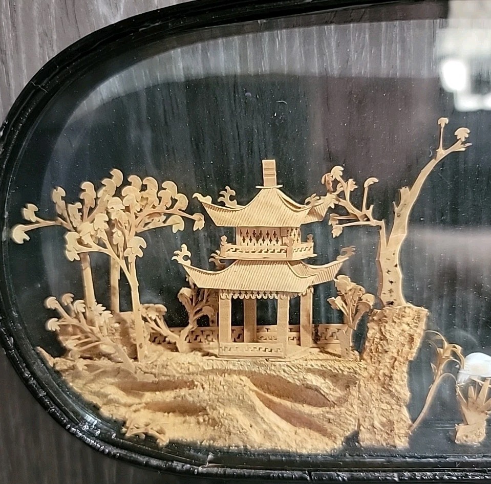 Vintage Chinese Diorama Cork Carving Glass Case Pagoda/Trees/Cranes 8″x6.5″x2″