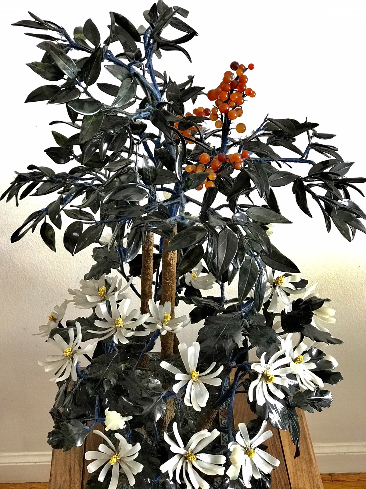 27” Tall Large Chinese Jade and Agate Bonsai Tree in Cloisonne Pot