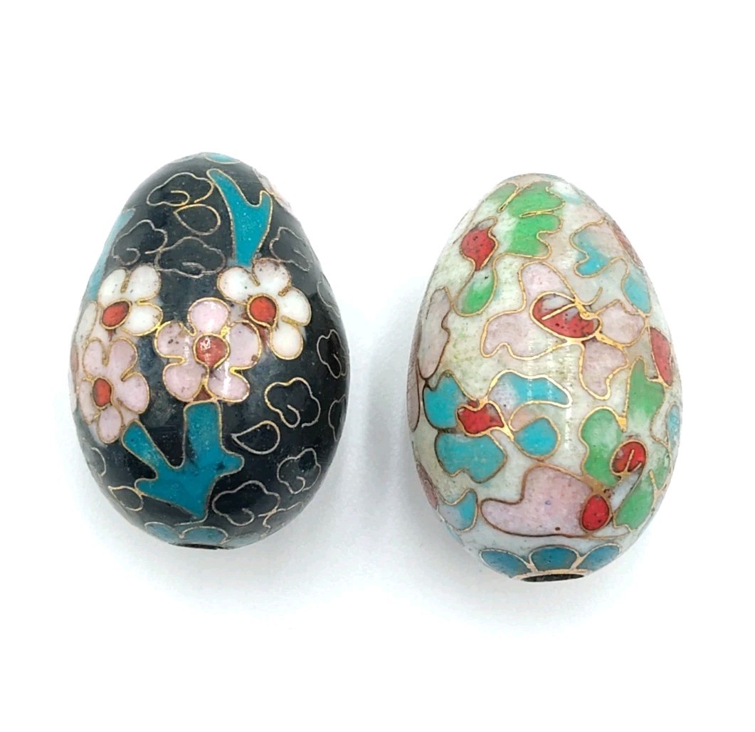 2 Vintage Miniature Chinese Cloisonne Enamel Eggs 1.1/4″ Floral Asian Home Decor