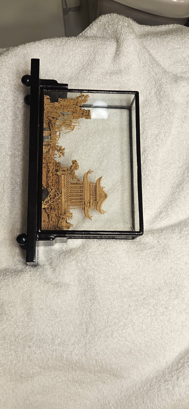 Vintage Chinese San You Cork Art Hand Carved Diorama Pagoda Cranes Trees