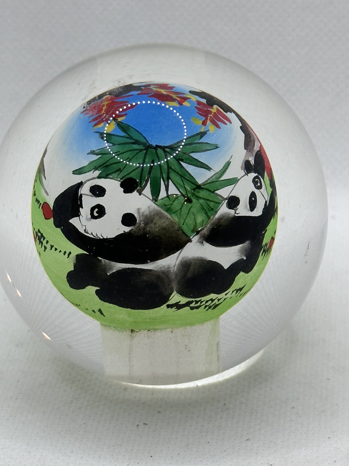 Chinese Glass Ball Sphere Paperweight Reverse Hand Painted Pandas