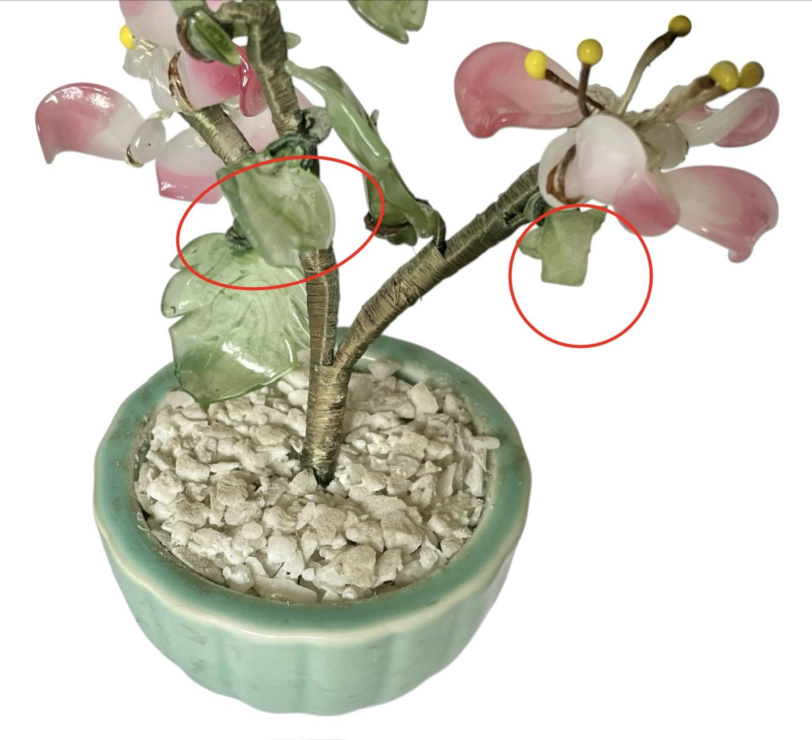 Lot of 3 Vintage Mini Jade Glass Flower Bonsai Tree Celadon Green Pot 3”