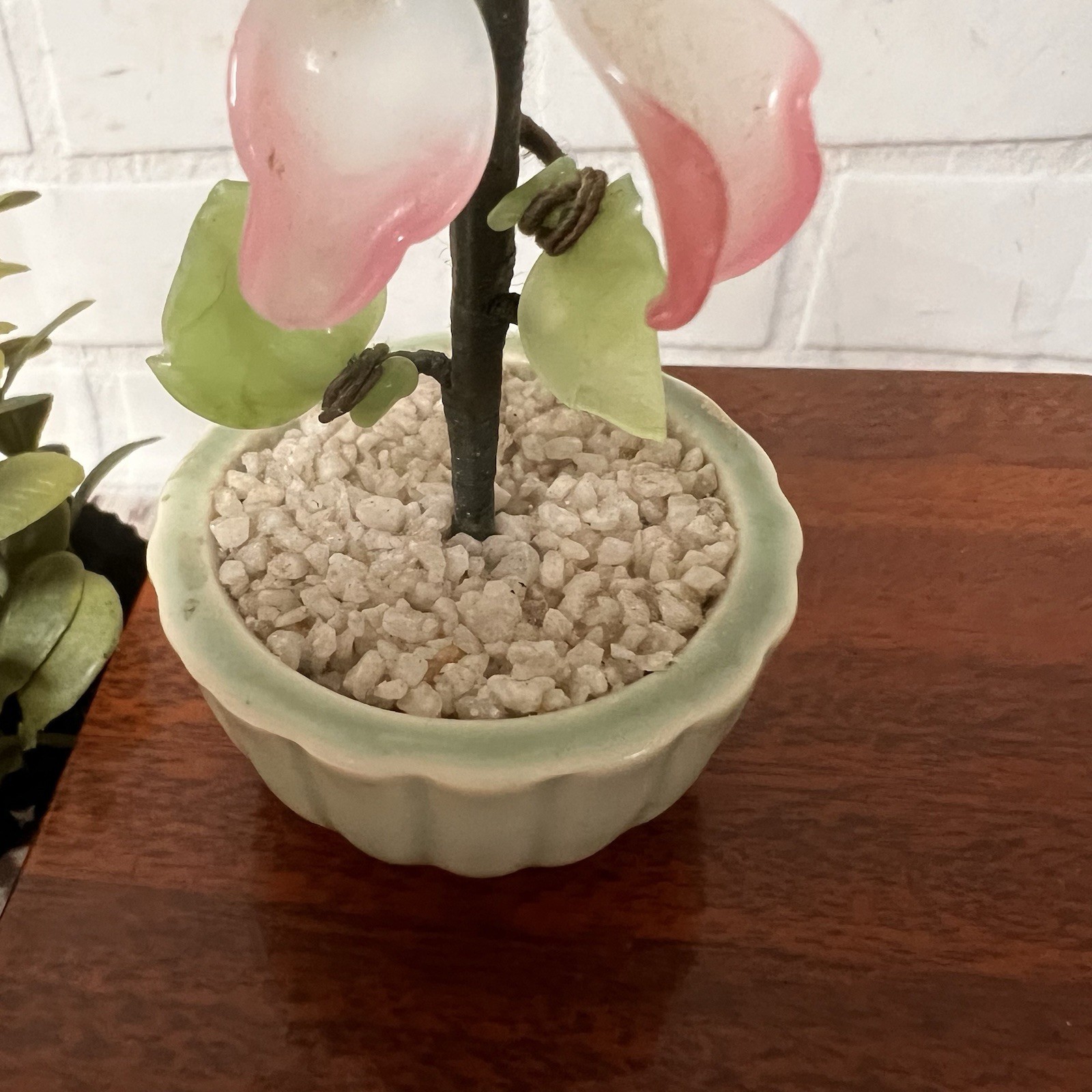 Vintage Jade Glass Bonsai Tree pink Flower Rose Quartz Celadon Pot small 4”